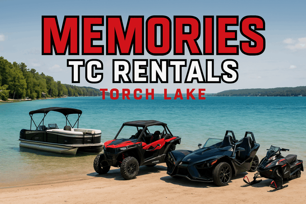 Torch Lake double-decker pontoon with waterslide and Polaris UTV — Memories TC Rentals